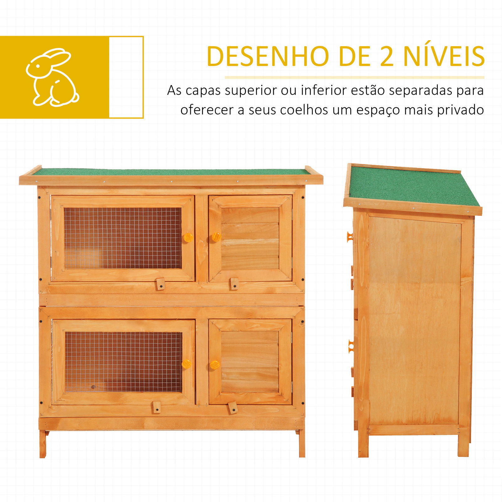 Coelheira de madeira exterior de 2 níveis gaiola para 1-2 coelhos animais pequenos com teto asfáltico dobrável e 2 bandejas removíveis 90x45x90cm madeira