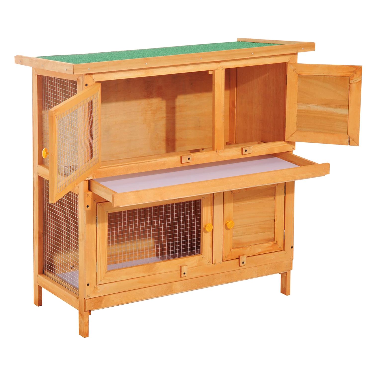 Coelheira de madeira exterior de 2 níveis gaiola para 1-2 coelhos animais pequenos com teto asfáltico dobrável e 2 bandejas removíveis 90x45x90cm madeira