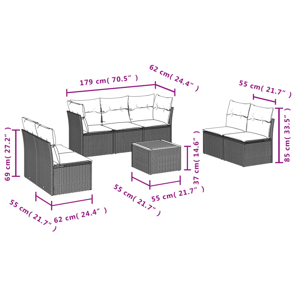 8 Pcs conjunto sofás de jardim c/ almofadões vime PE cinzento