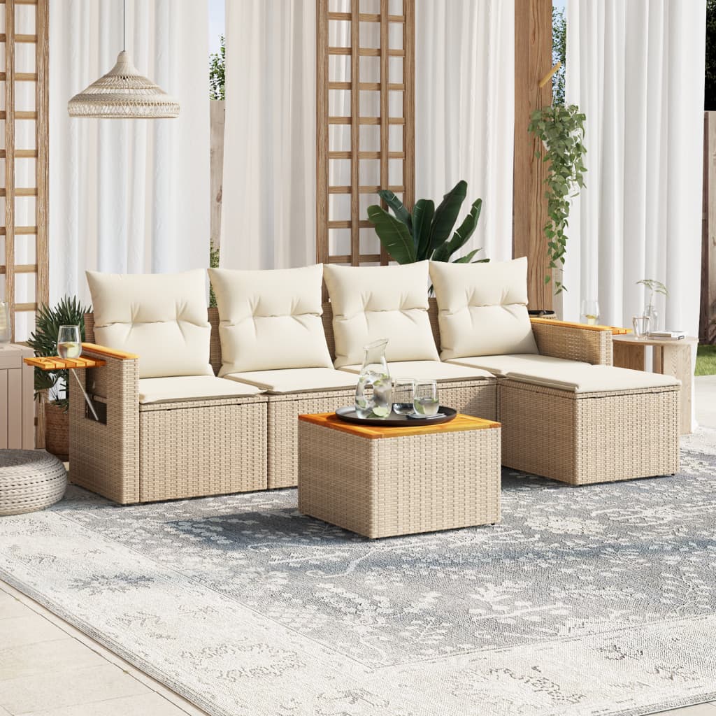 6 Pcs conjunto de sofás p/ jardim com almofadões vime PE bege