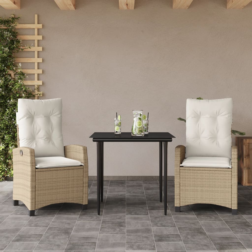 3 Pcs conjunto de jantar p/ jardim com almofadões vime PE bege