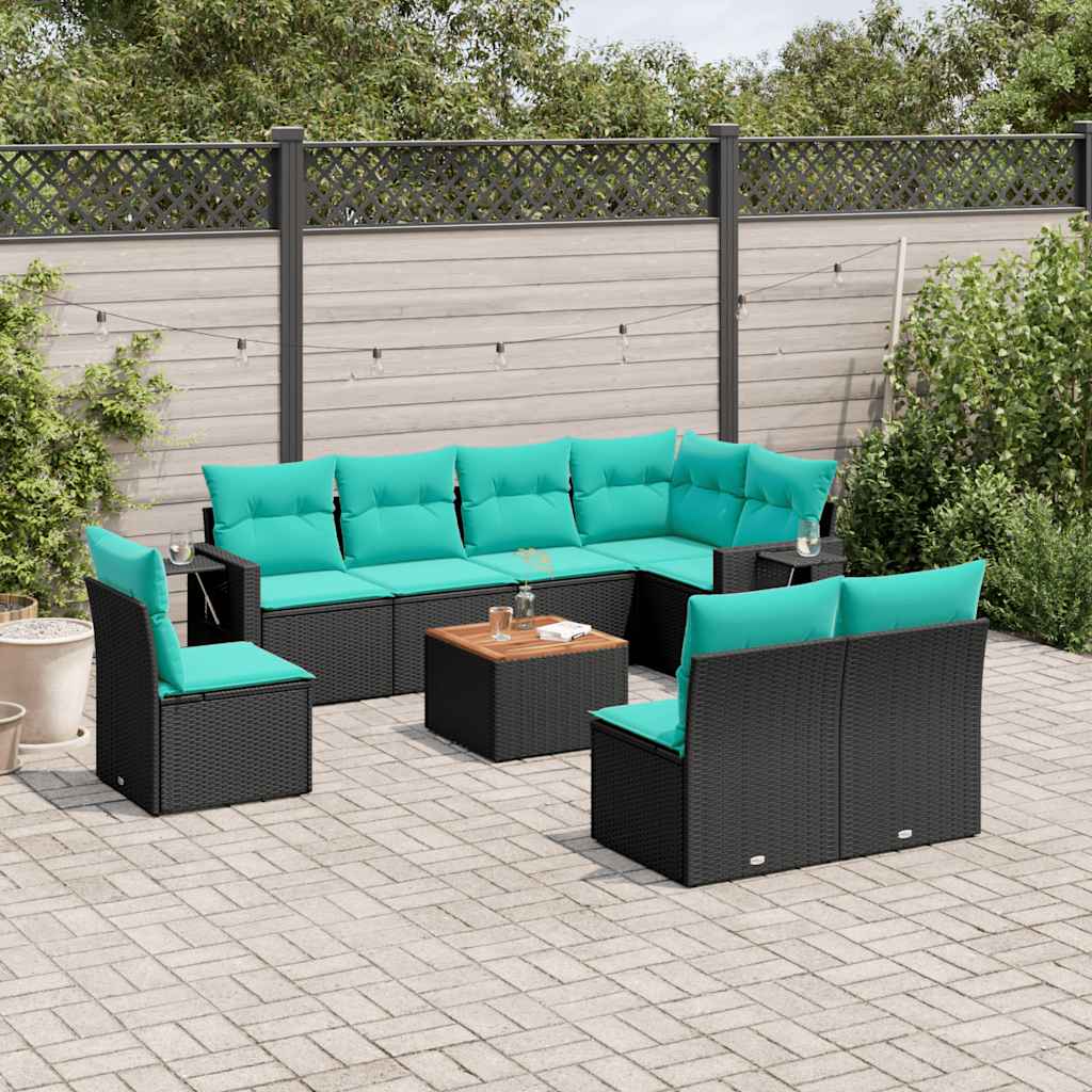 Conjunto de sofá de jardim de 9 peças com almofadas em rattan sintético preto