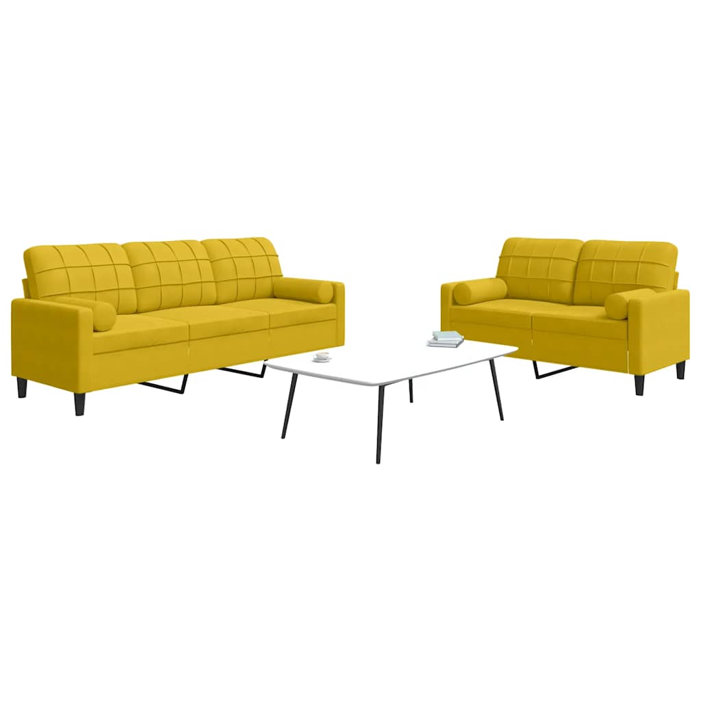 2 Pcs conjunto de sofás com almofadões e rolos veludo amarelo