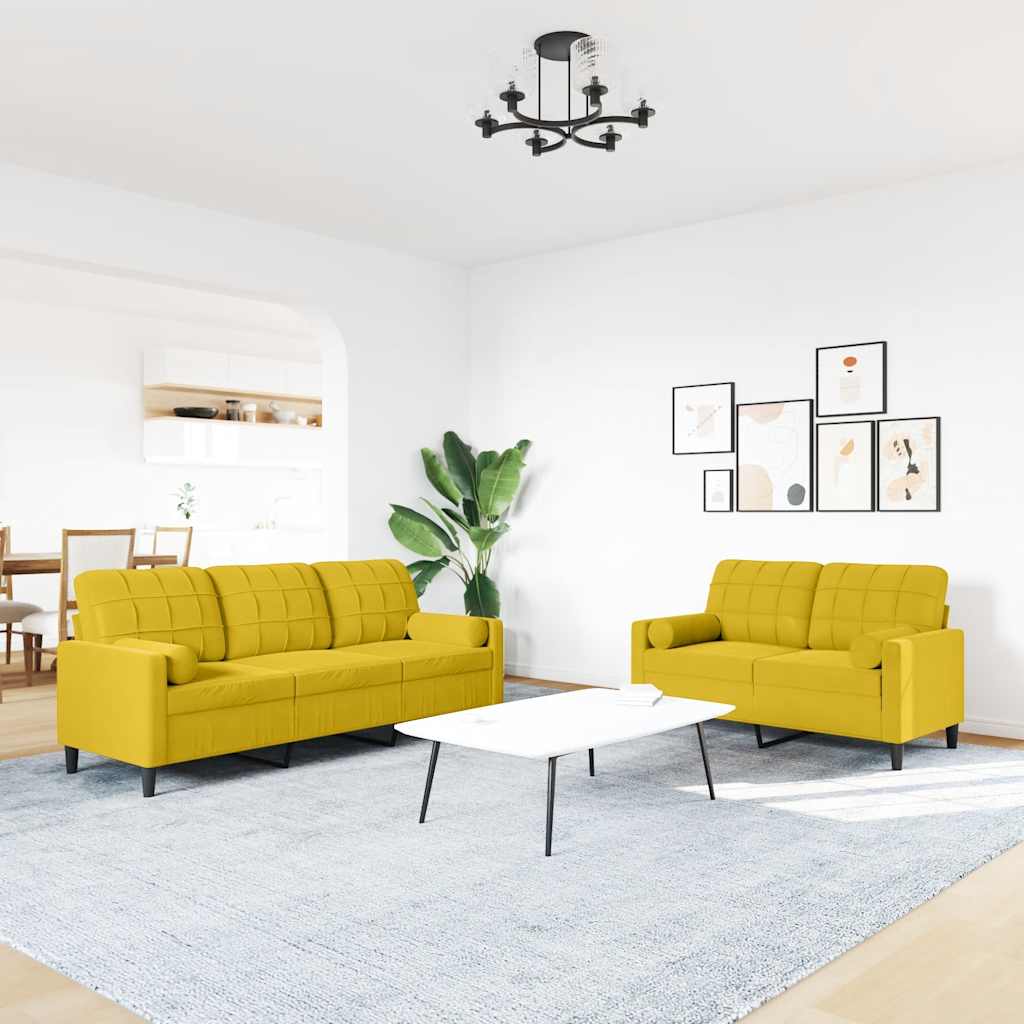 2 Pcs conjunto de sofás com almofadões e rolos veludo amarelo