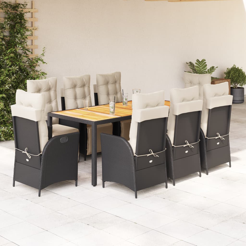 9 Pcs conjunto de jantar p/ jardim c/ almofadões vime PE preto