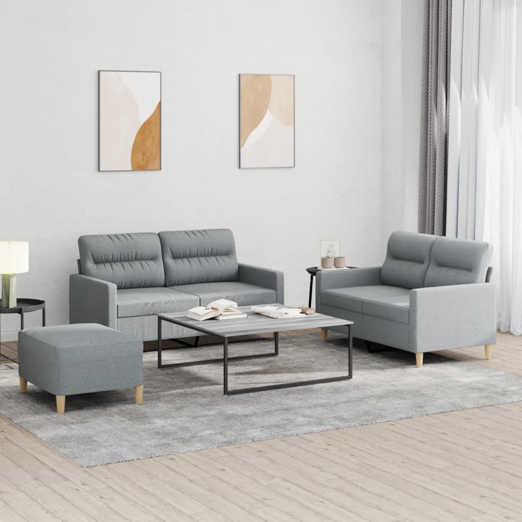 3 Pcs conjunto de sofás com almofadões tecido cinzento-claro