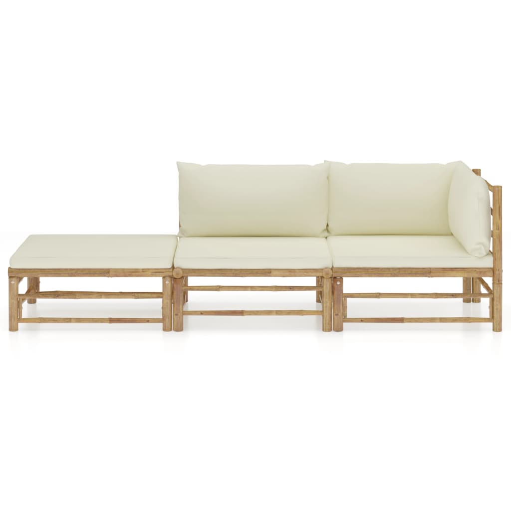 3 Pcs conj. lounge p/ jardim em bambu c/ almofadões branco nata