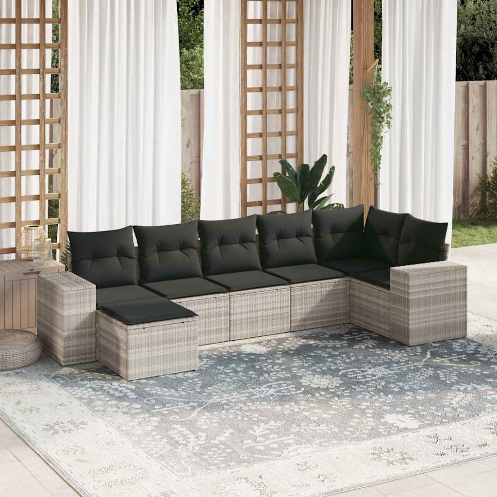 7 Pcs conj. sofás jardim com almofadões vime PE cinzento-claro
