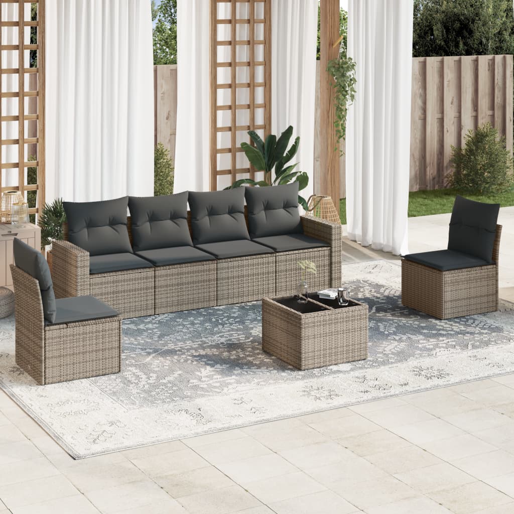 7 Pcs conjunto sofás p/ jardim c/ almofadões vime PE cinzento
