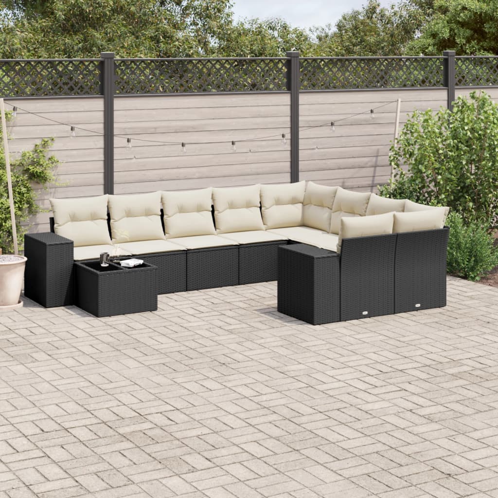 10 Pcs conjunto sofás de jardim c/ almofadões vime PE preto