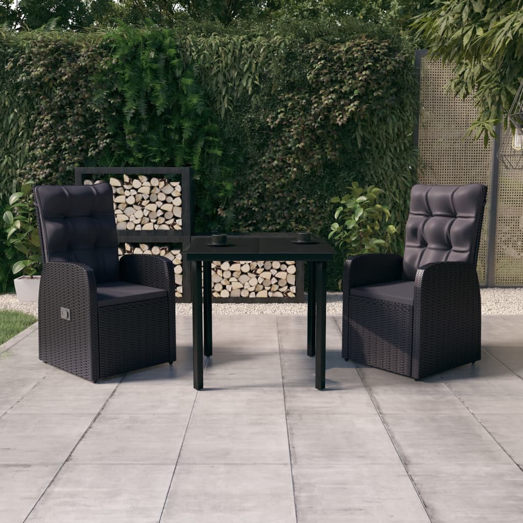 3 Pcs conjunto de jantar para jardim com almofadões preto
