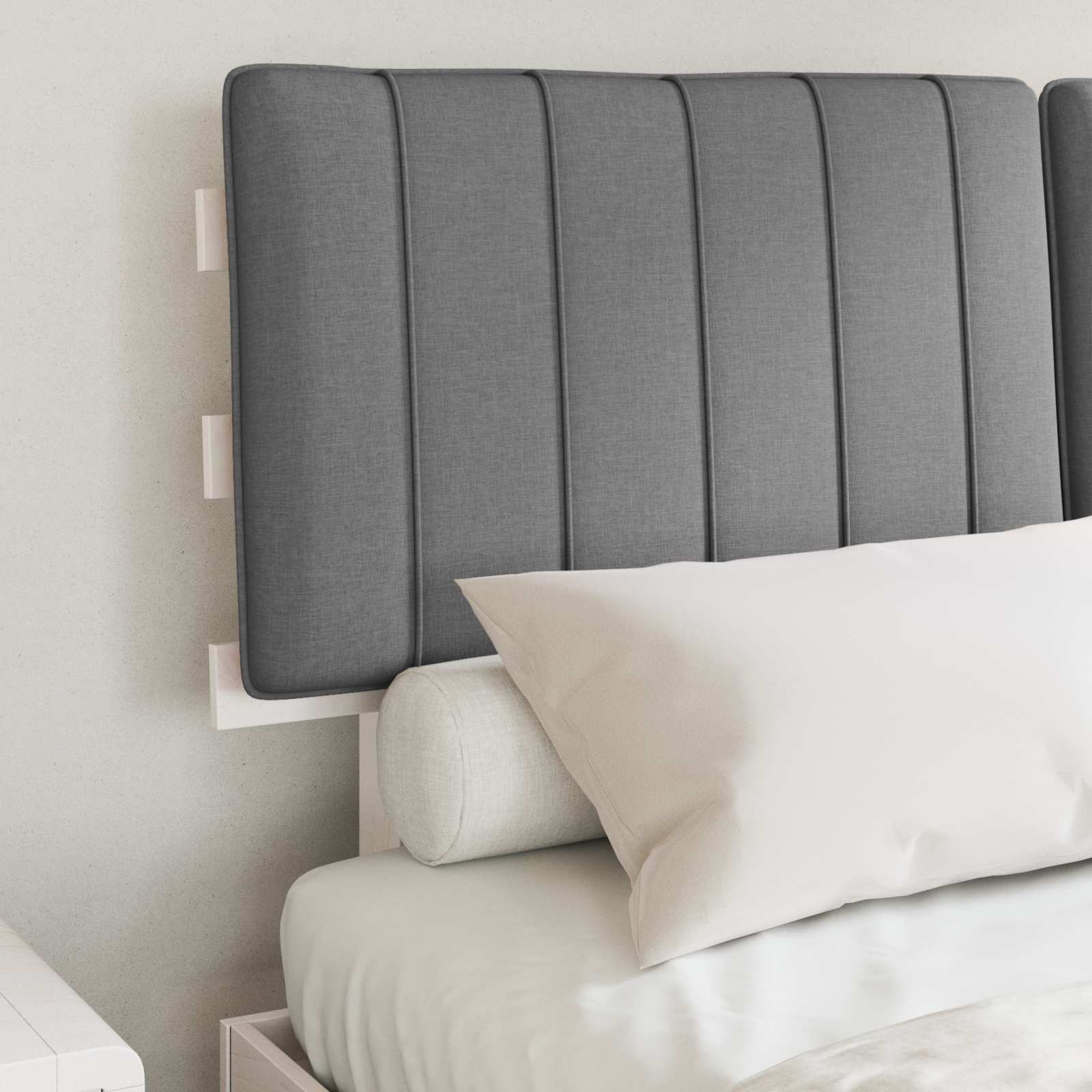 Estrutura de cama com cabeceira estofada cinzento-claro