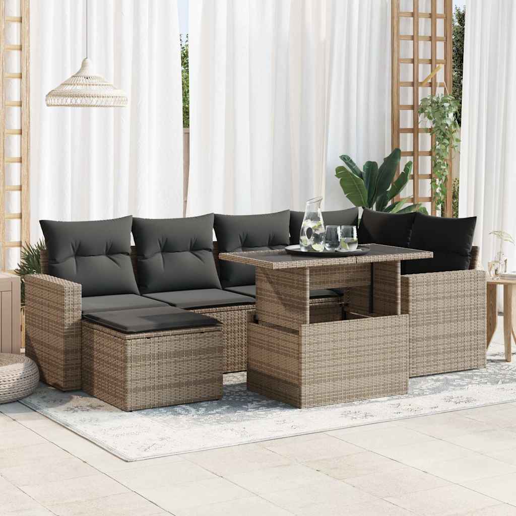 7 Pcs conjunto sofás p/ jardim c/ almofadões vime PE cinzento