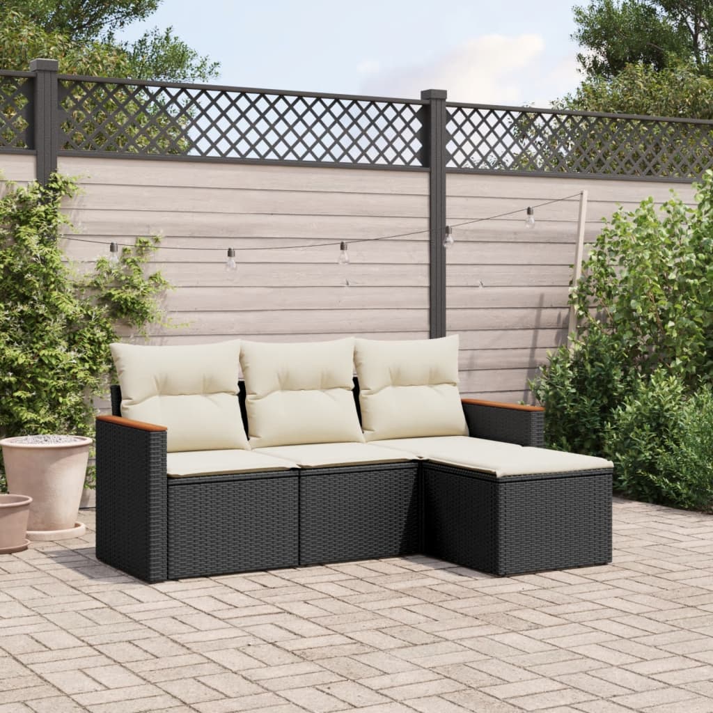 4 Pcs conjunto de sofás para jardim c/ almofadões vime PE preto