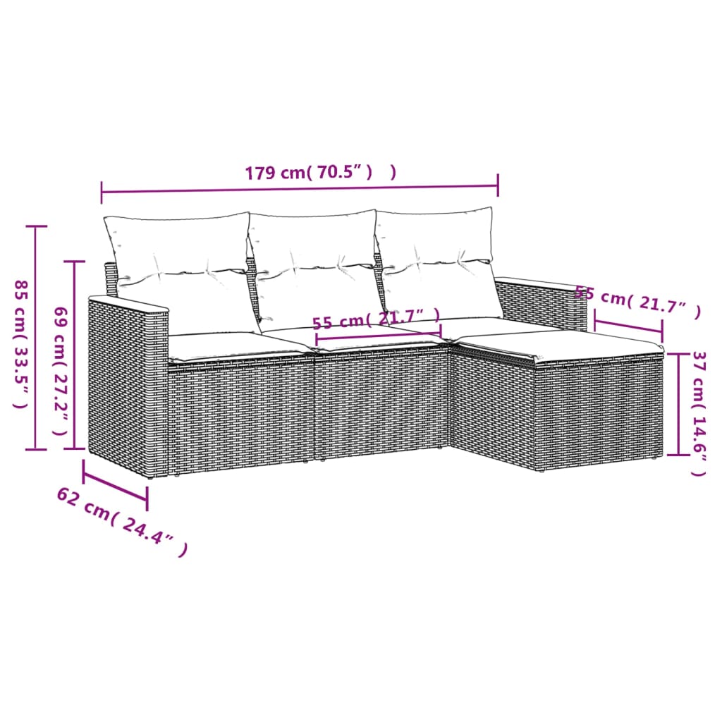 4 Pcs conjunto de sofás para jardim c/ almofadões vime PE preto