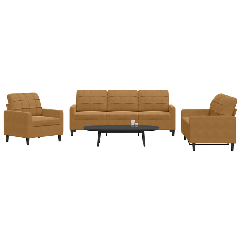3 Pcs conjunto de sofás com almofadões veludo castanho