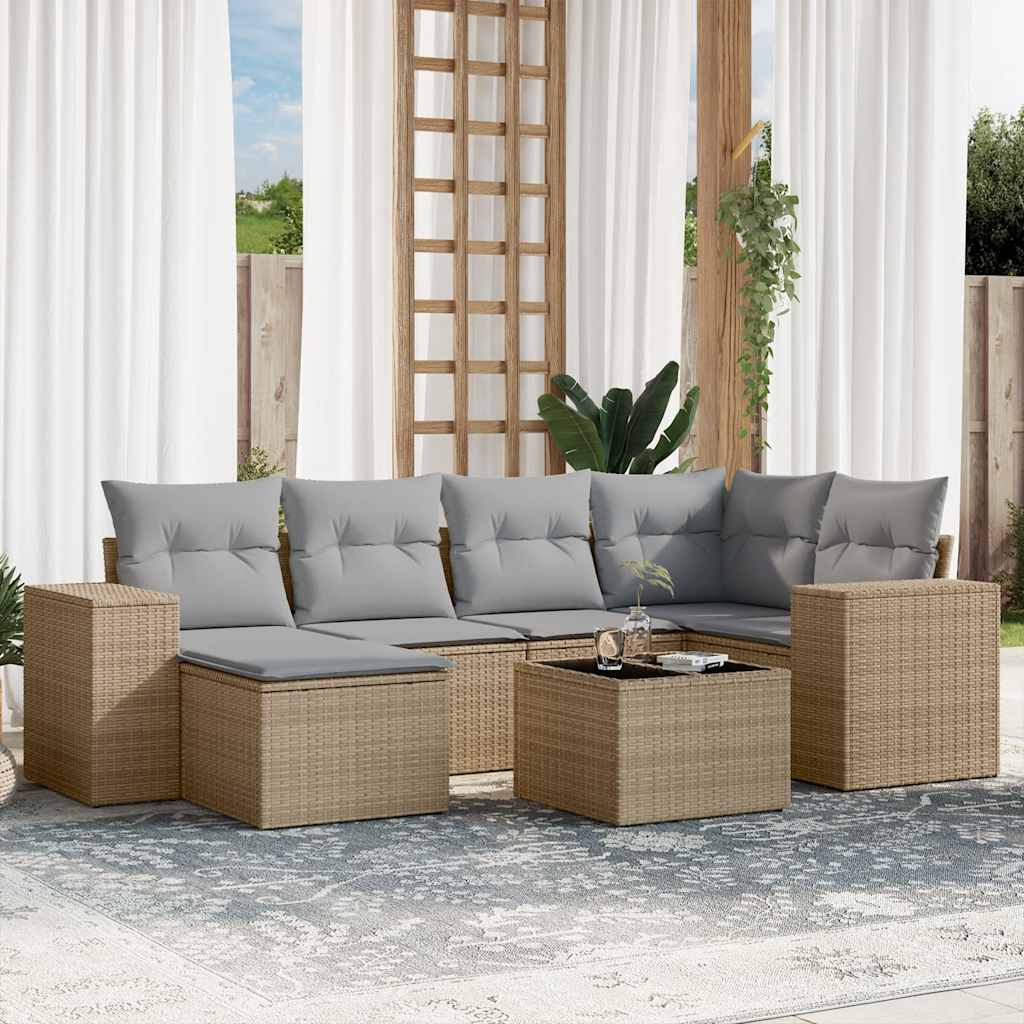 7 Pcs conjunto de sofás p/ jardim com almofadões vime PE bege
