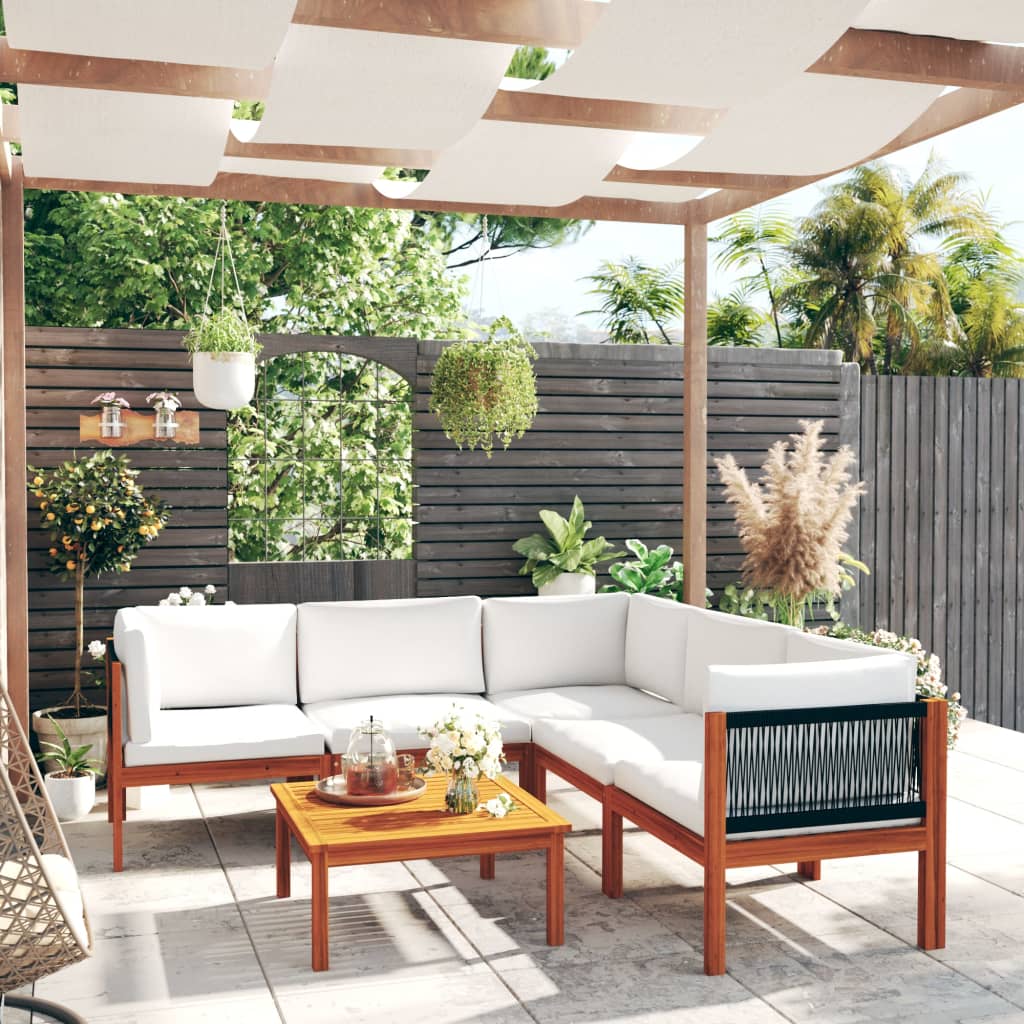 Conjunto de lounge de jardim com 6 peças e almofadas em madeira de acácia creme e corda
