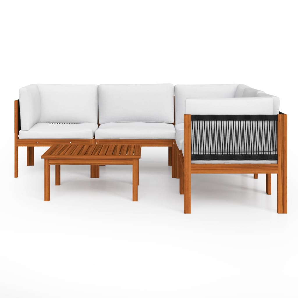Conjunto de lounge de jardim com 6 peças e almofadas em madeira de acácia creme e corda