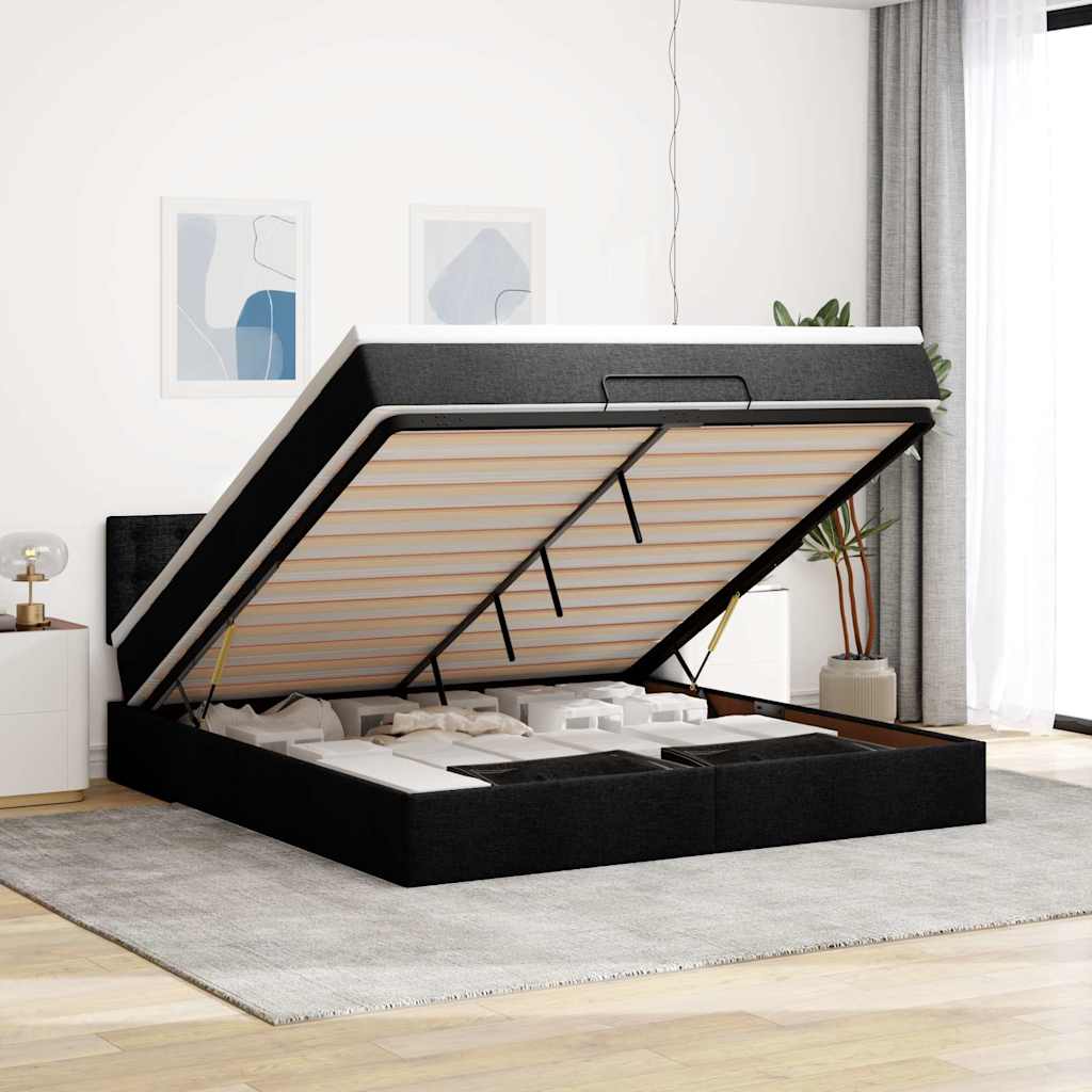 Cama otomana com colchão & leds 180x200cm tecido preto