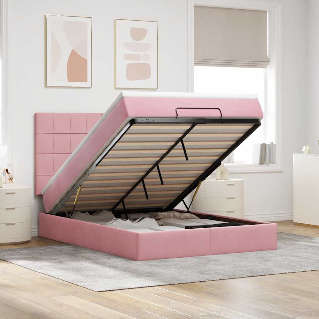 Estrutura de cama otomana com colchões 140x190 cm veludo rosa