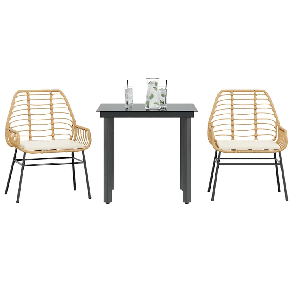Conjunto jantar jardim 3 peças almofadas vidro vime PE castanho