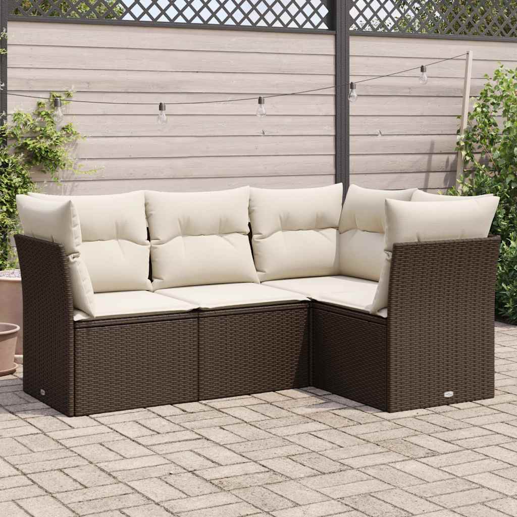 4 Pcs conjunto sofás de jardim c/ almofadões vime PE castanho