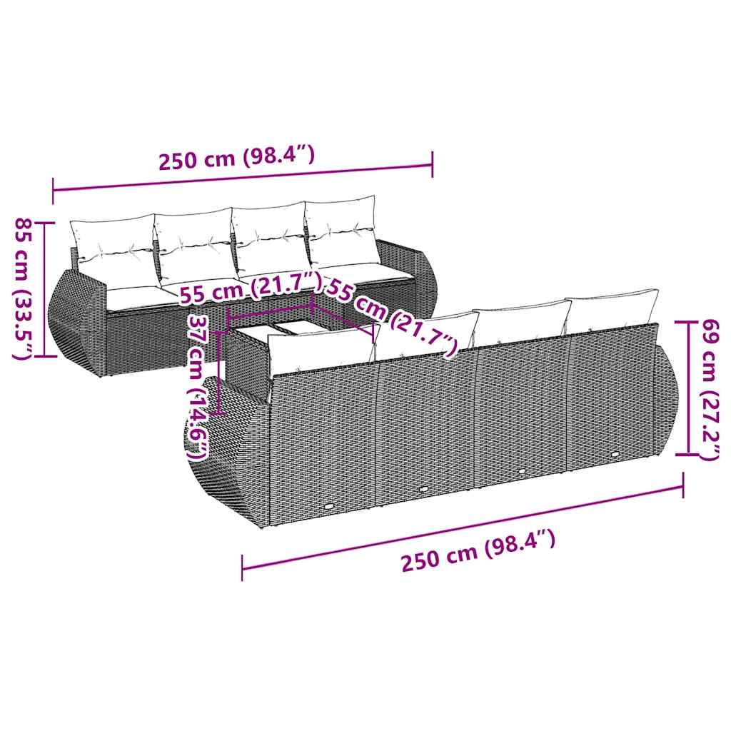 9 Pcs conjunto de sofás p/ jardim c/ almofadões vime PE preto