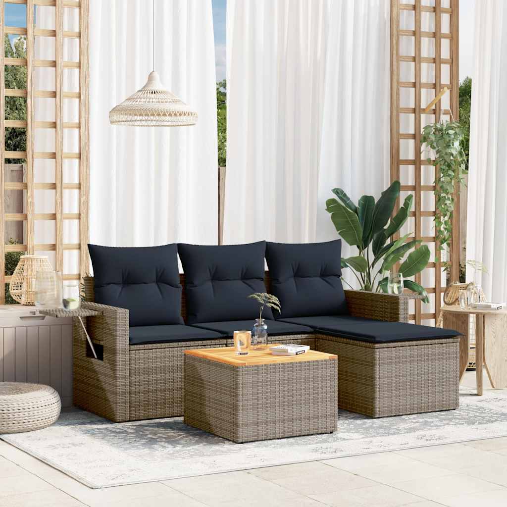 Conjunto de sofá de jardim de 5 peças com almofadas em rattan sintético cinza