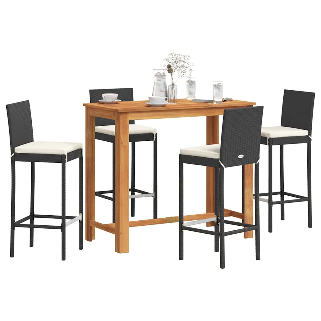 5 Pcs conjunto de bar para jardim vime PE/acácia maciça preto