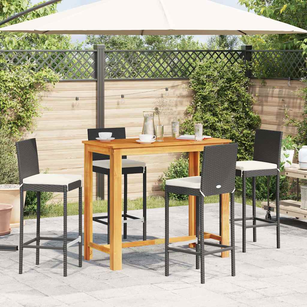 5 Pcs conjunto de bar para jardim vime PE/acácia maciça preto