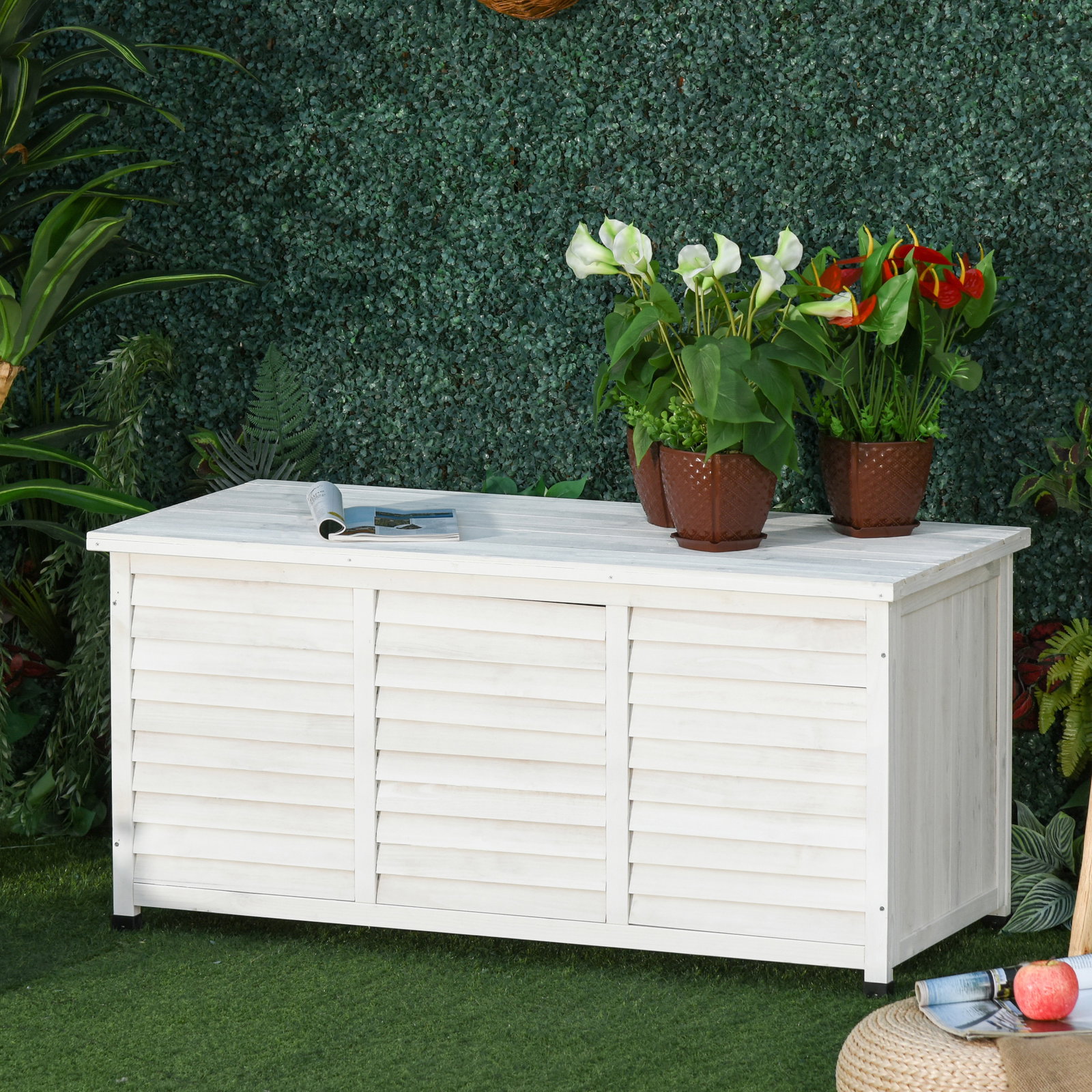 Baú de madeira ao ar livre caixa de armazenamento de jardim com tampa que pode ser aberta 127x56x60 cm branco