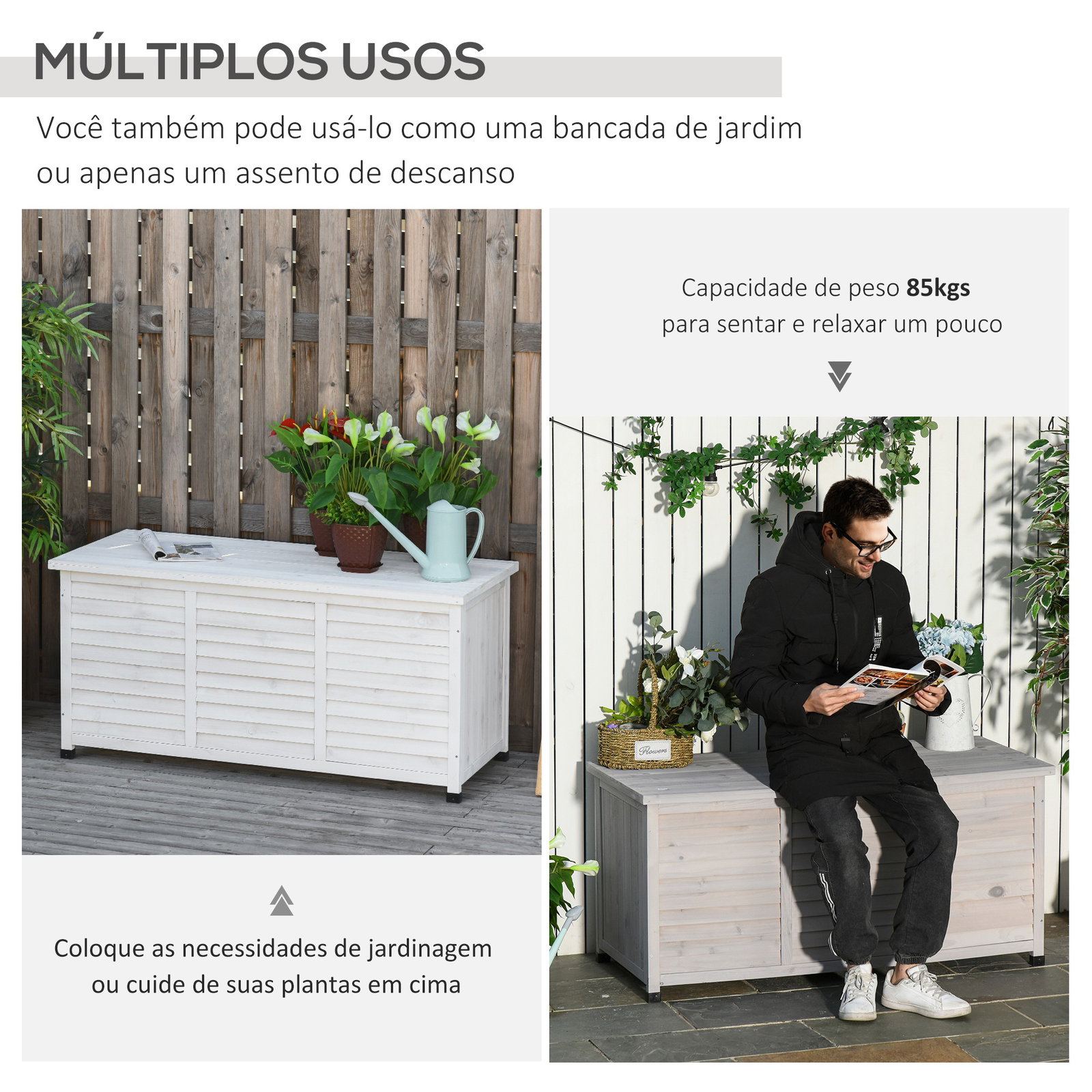 Baú de madeira ao ar livre caixa de armazenamento de jardim com tampa que pode ser aberta 127x56x60 cm branco