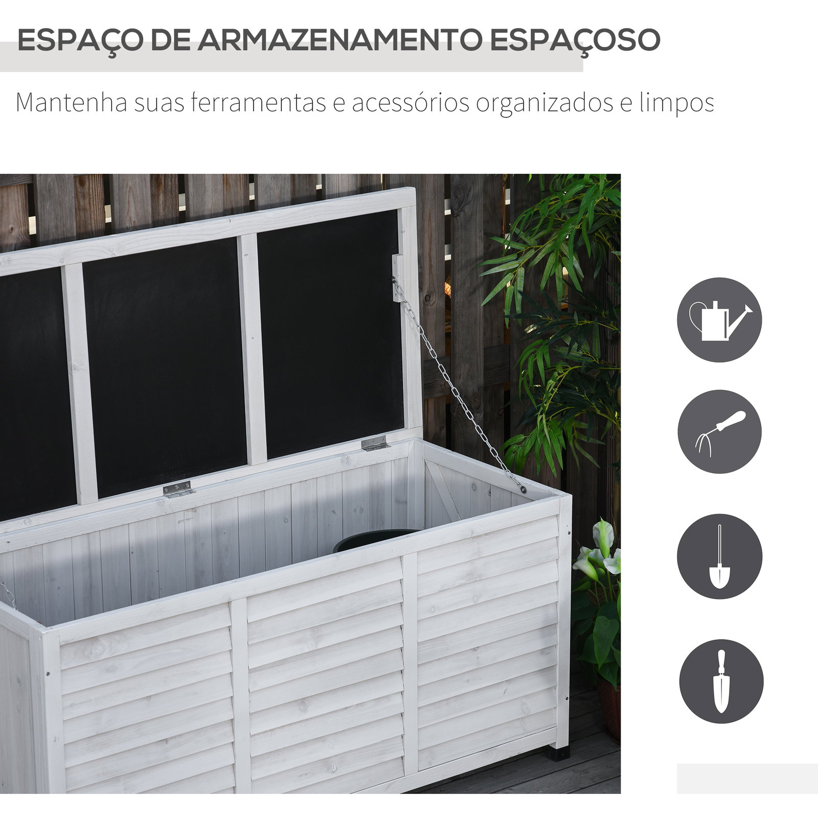 Baú de madeira ao ar livre caixa de armazenamento de jardim com tampa que pode ser aberta 127x56x60 cm branco