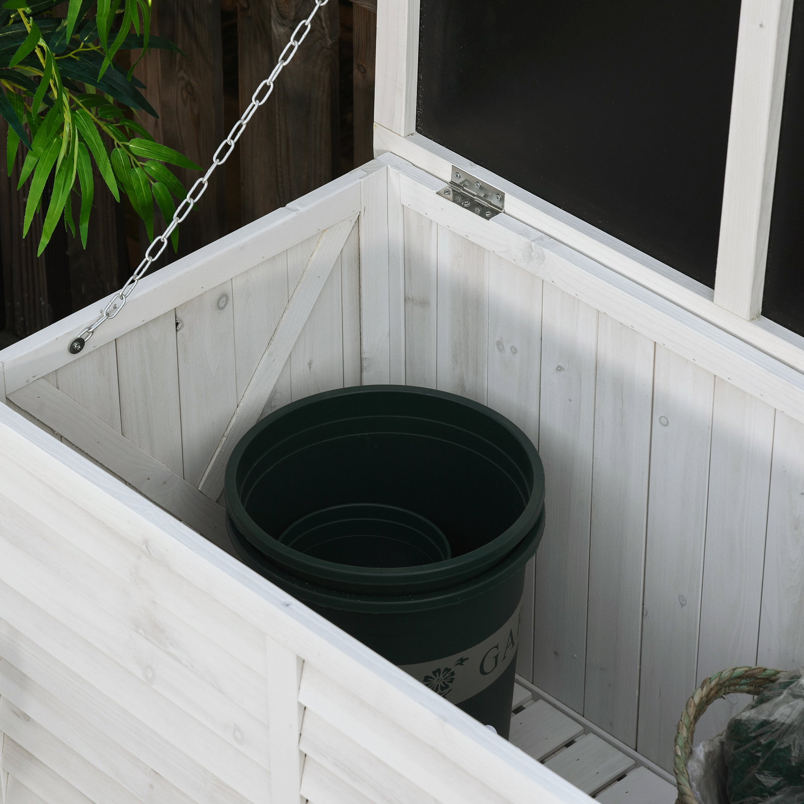 Baú de madeira ao ar livre caixa de armazenamento de jardim com tampa que pode ser aberta 127x56x60 cm branco