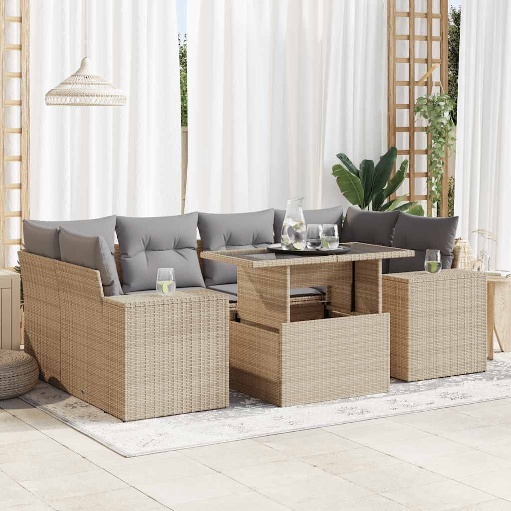7 Pcs conjunto de sofás p/ jardim com almofadões vime PE bege