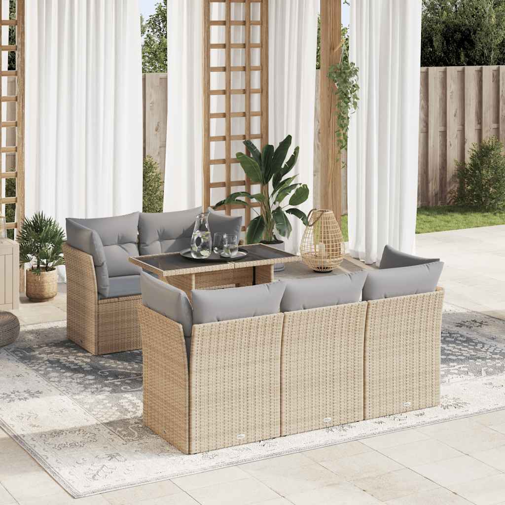 6 Pcs conjunto de sofás p/ jardim com almofadões vime PE bege