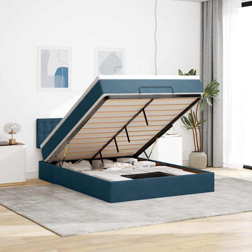 Estrutura de cama otomana com colchão 140x200 cm azul escuro