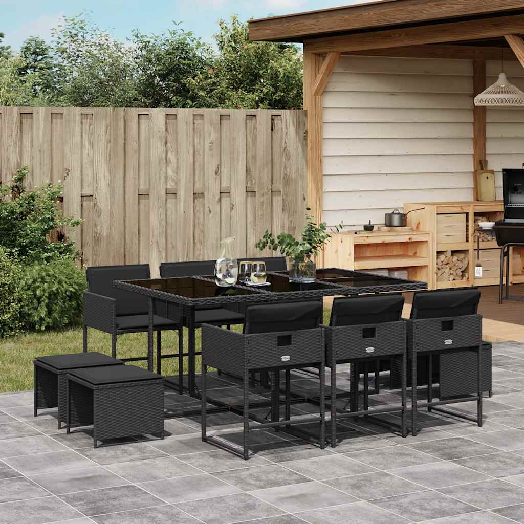 11 Pcs conjunto de jantar p/ jardim c/ almofadões vime PE preto