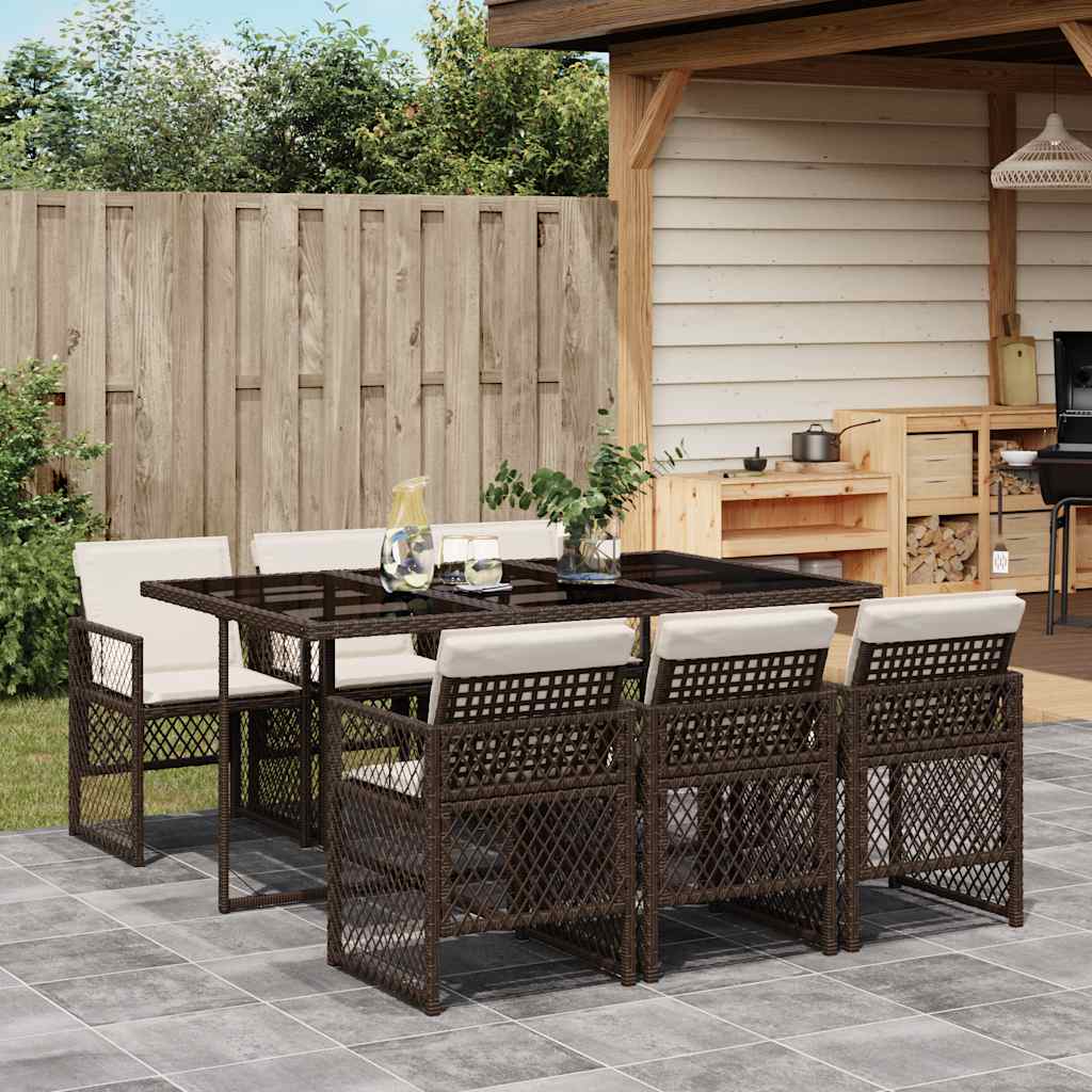 7 Pcs conjunto jantar p/ jardim c/ almofadões vime PE castanho