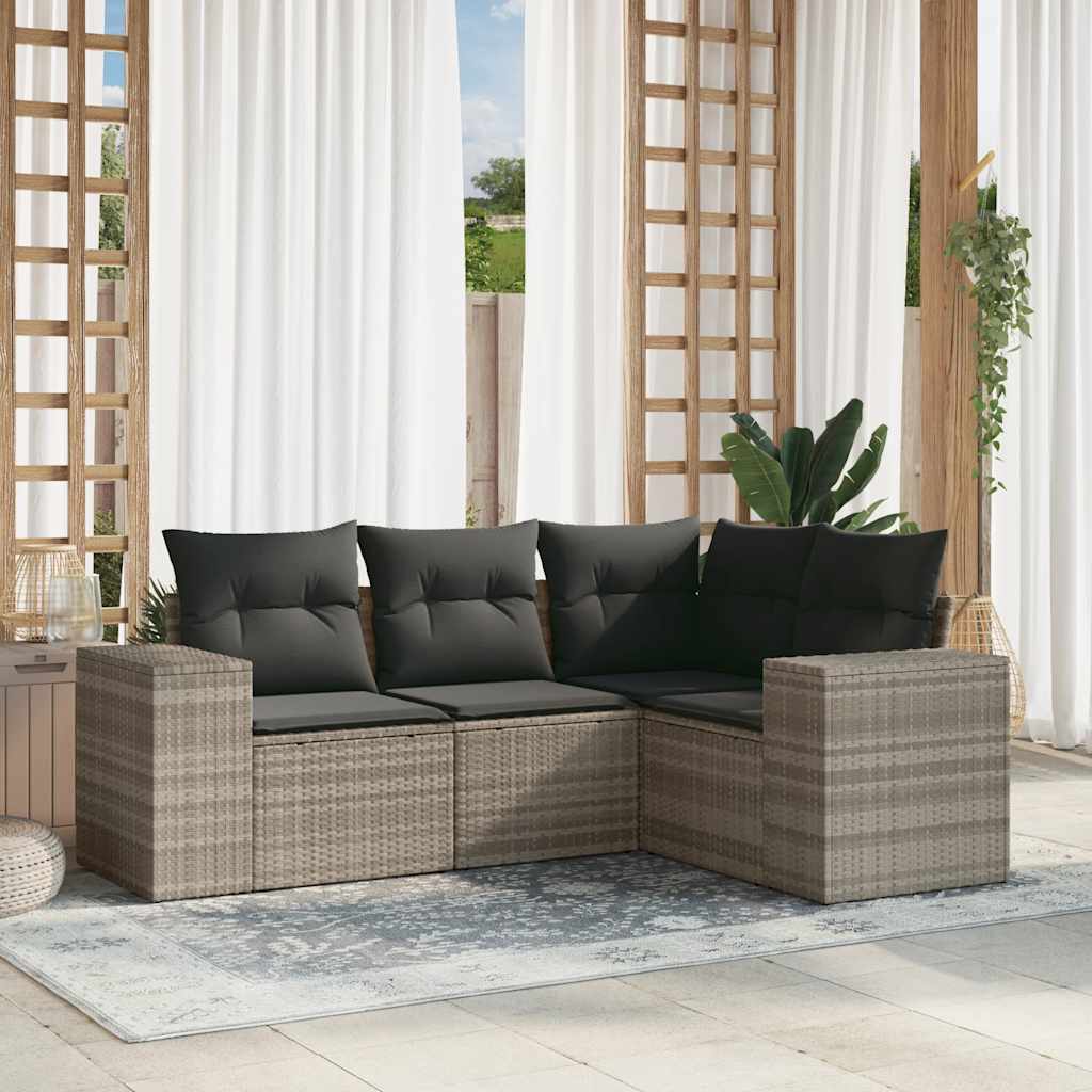 4 Pcs conj. sofás jardim c/ almofadões vime PE cinzento-claro