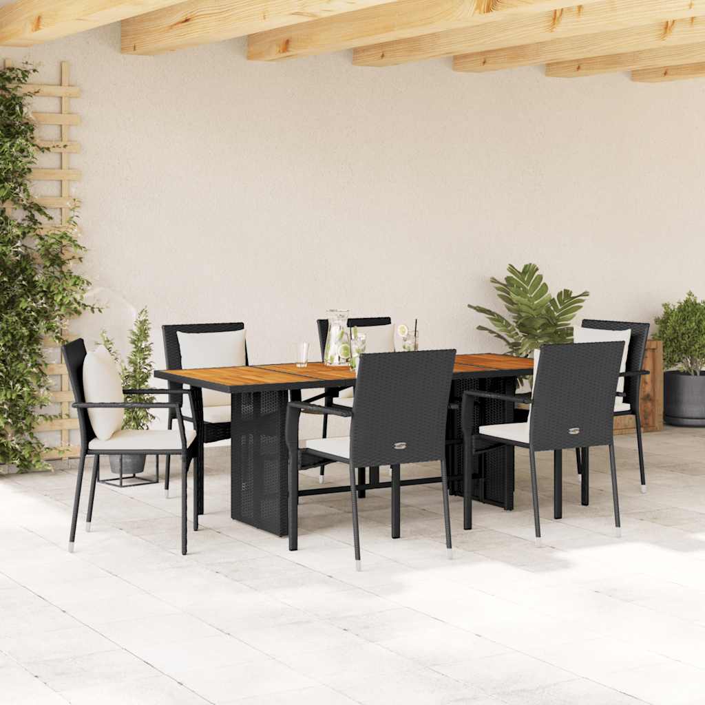 7 Pcs conjunto de jantar p/ jardim c/ almofadões vime PE preto
