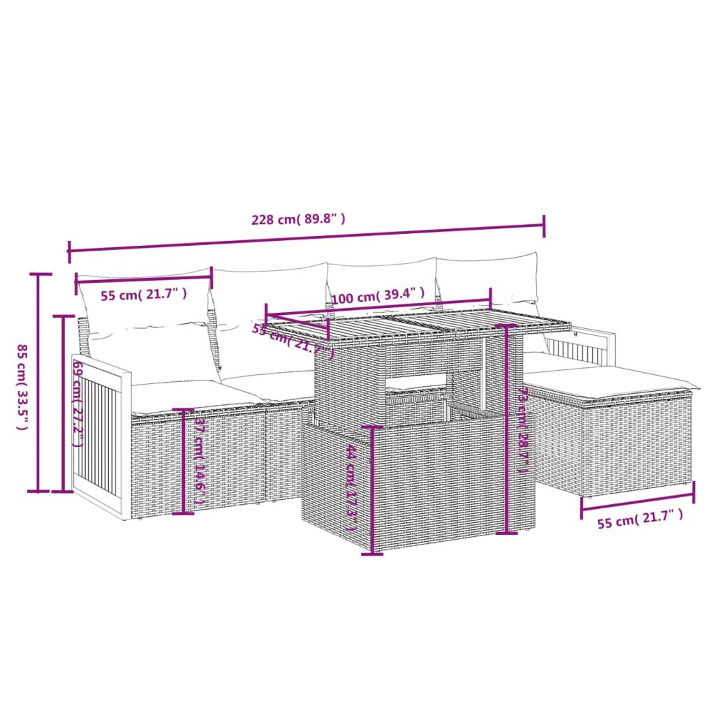6 Pcs conjunto sofás de jardim com almofadões vime cinzento