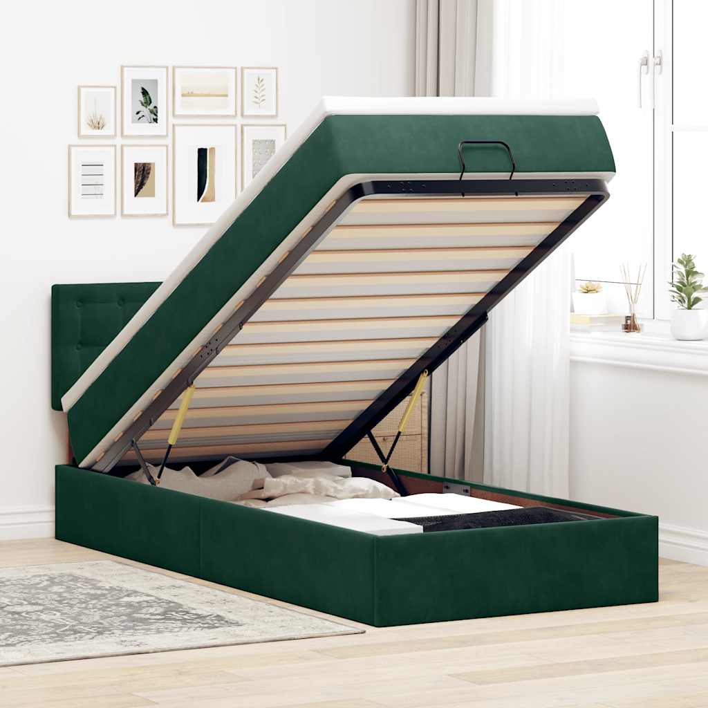 Estrutura de cama otomana com colchão verde escuro veludo