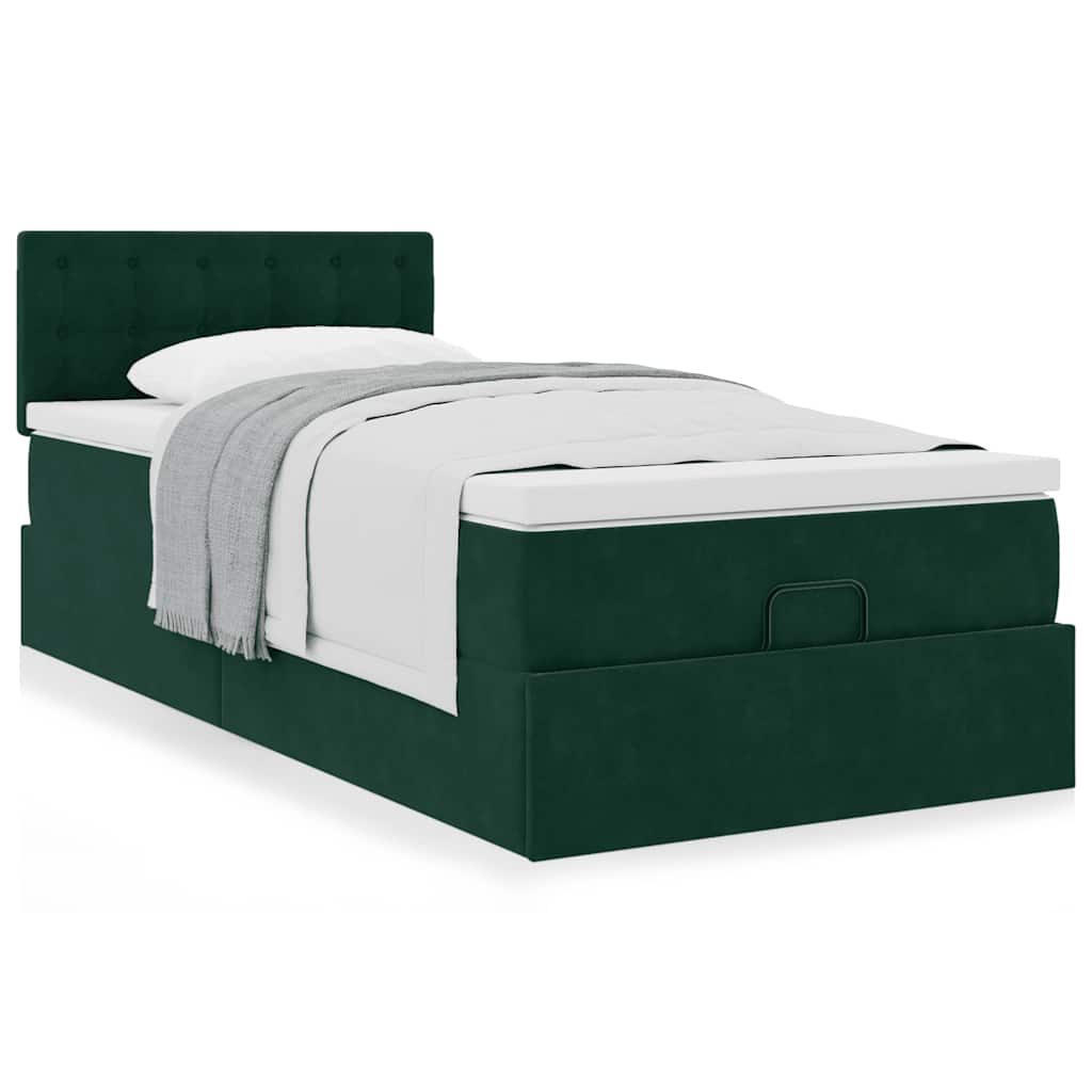 Estrutura de cama otomana com colchão verde escuro veludo