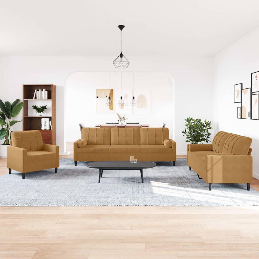 3 Pcs conjunto de sofás com almofadões e rolos veludo castanho