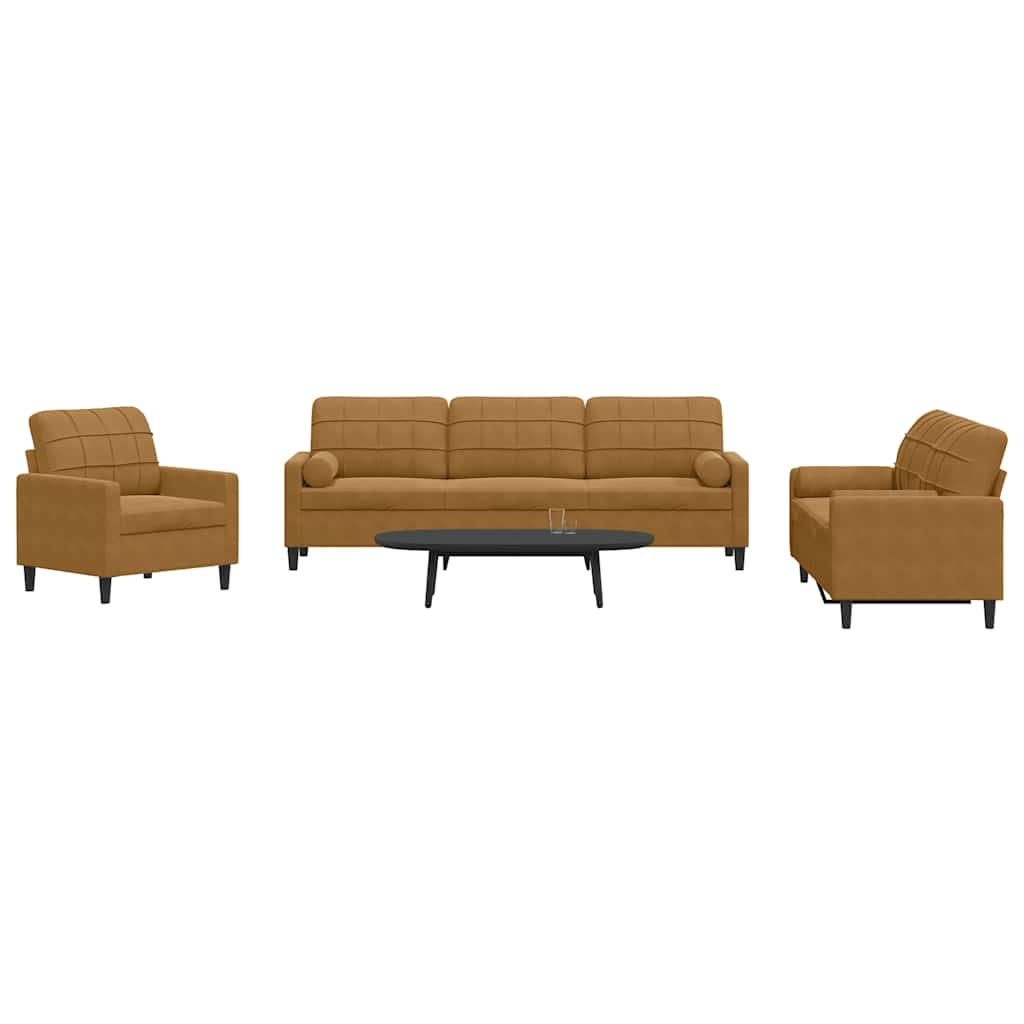 3 Pcs conjunto de sofás com almofadões e rolos veludo castanho