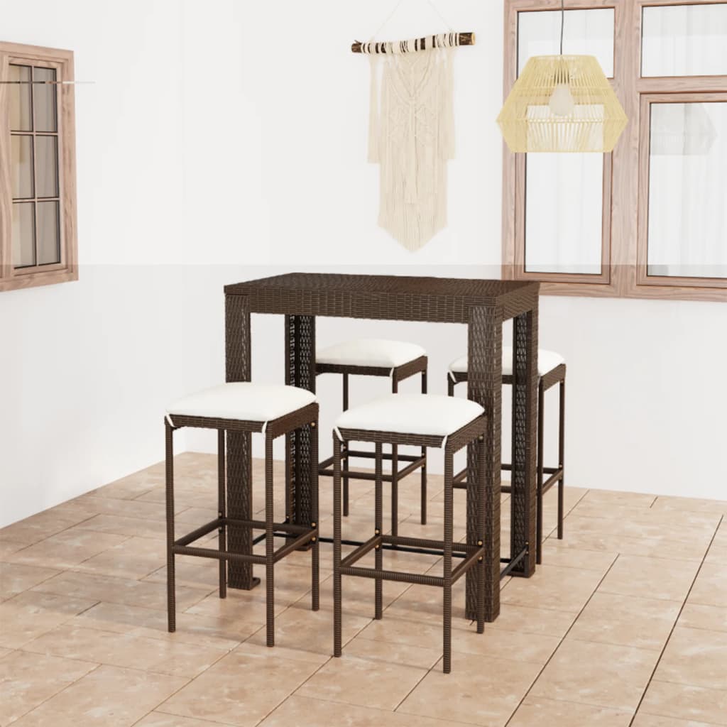 5 Pcs conjunto de bar p/ jardim com almofadões vime PE castanho