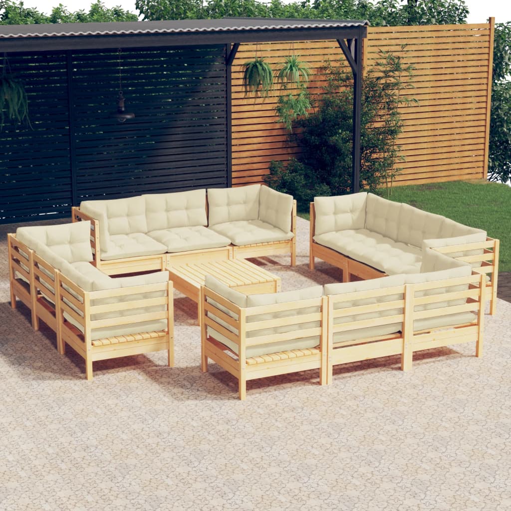 13 Pcs conjunto lounge jardim c/ almofadões cor creme pinho