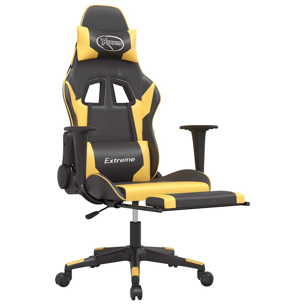 Cadeira gaming massagens c/ apoio pés couro artif. ouro/preto